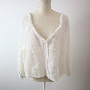 Grade Gather Blouse Womens Large White Gauzy V Neck Oversized Minimalist Stretch
